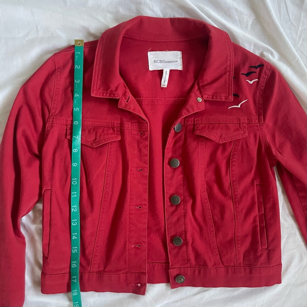 Lightweight Cropped Denim Jacket Soft Cotton Utility Embroidered Birds XXS - Picture 10 of 12